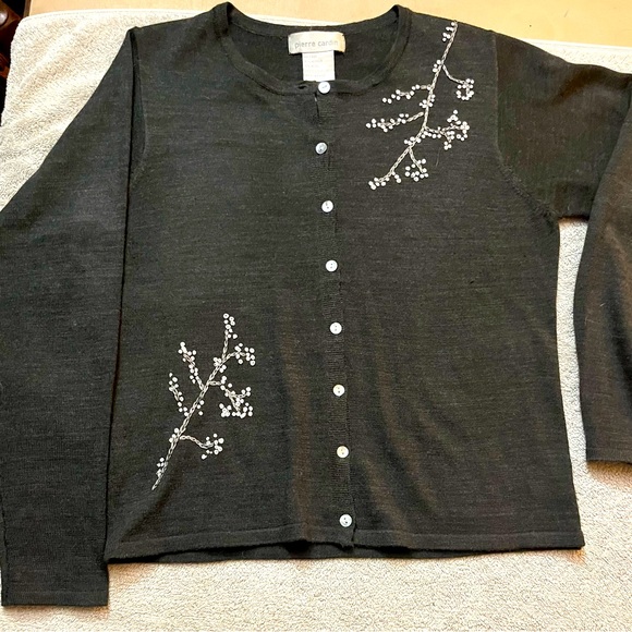 Pierre Cardin Gray Cardigan Sequins Floral Embroidered Vintage - Picture 1 of 5